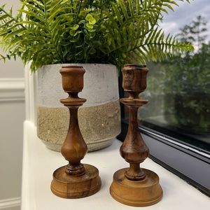 Set Of Two Wooden Vintage Candle Sticks